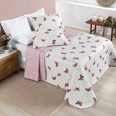 Kit Cobre Leito Colcha Júlia Queen 3 Peças MicroPercal 200 Fios Dupla Face Estampado - Borboleta