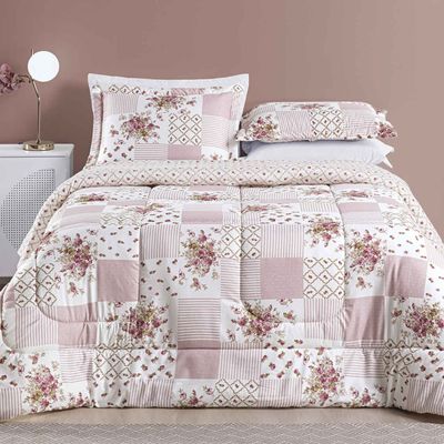 Edredom Ayla Casal Super King Tecido Dupla Face Microfibra 03 Peças - Rosa Floral Matura
