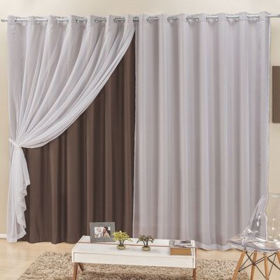 Cortina Elegance 2,00m x 1,70m Tabaco Tecido Semi Blackout Com Voal Moderna