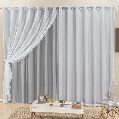 Cortina Elegance 2,00m x 1,70m Cinza Tecido Semi Blackout Com Voal Moderna