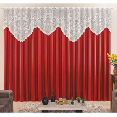 Cortina Nicole 2,00m x 1,70m Vermelha Tecido Microfibra com Renda Varão Simples