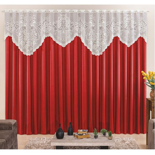 Cortina Nicole 2,00m x 1,70m Vermelha Tecido Microfibra com Renda Varão Simples
