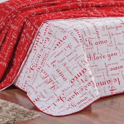 Kit Cobre Leito Colcha Te Amo Queen 3 Peças Dupla Face 100% Algodão Percal 150 Fios - Vermelho/Branco