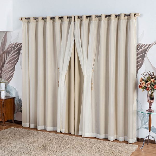 Cortina Idealle Tecido Blackout Voal Premium 3,00x2,50m Corta Luz Luxo Varão 3M - Palha