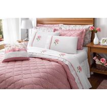 Kit Cobre Leito Casal Queen Yonara 07 Peças Tecido Percal Floral Com Almofada Bordado Inglês - Rosê