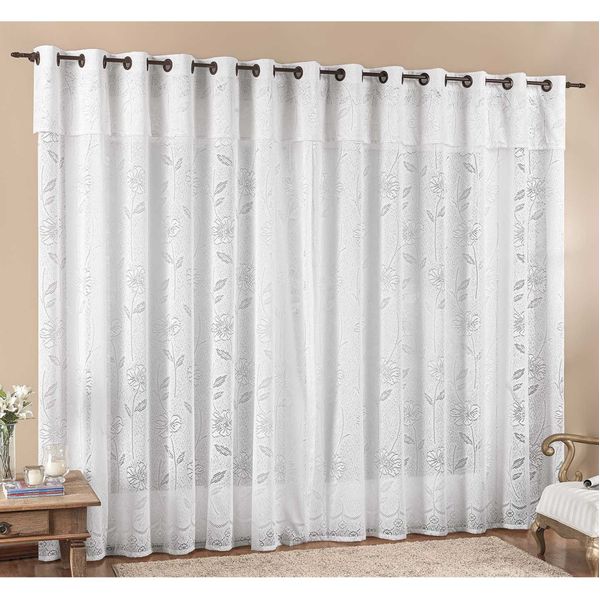 Cortina Luna 3,00m x 2,50m Branca Tecido Renda Floral Leve Para Sala ou Quarto