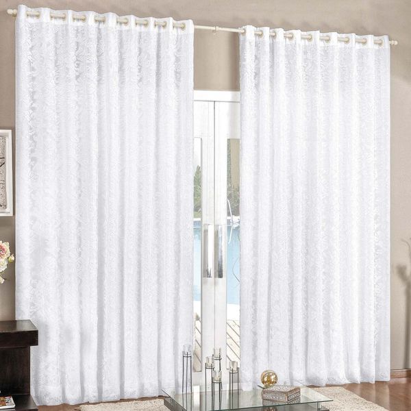 Cortina Renda 3,00m x 2,80m Branca Tecido Renda com Voal Floral Sala ou Quarto