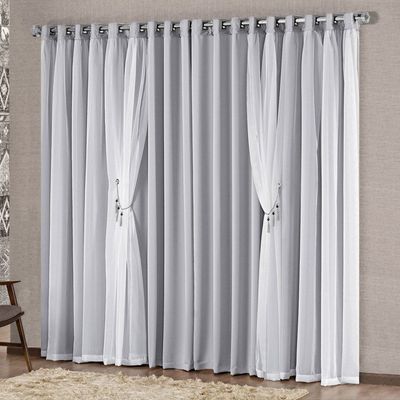 Cortina Mabelle 2,00m x 1,70m Semi Blackout Com Voal Premium Pingentes Sala Quarto - Cinza