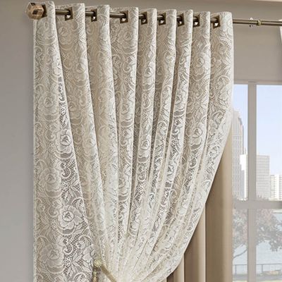 Cortina Monalisa 2,00m x 1,70m Tecido Blackout Com Renda Floral Luxo Varão Simples - Chocolate