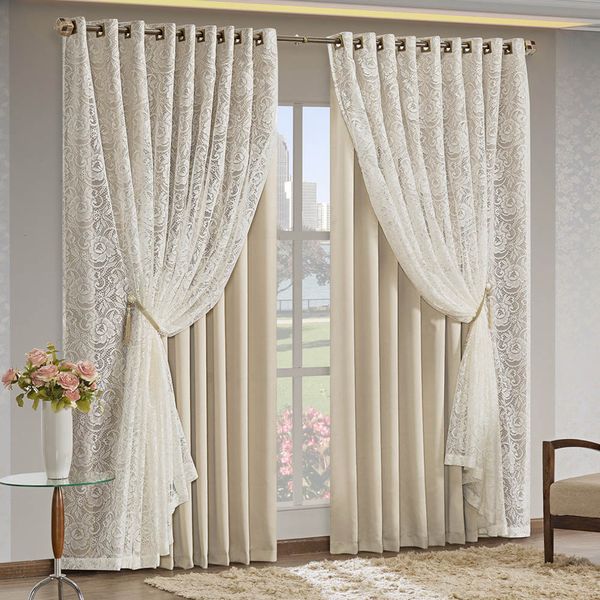 Cortina Monalisa 3,00m x 2,70m Varão Simples Tecido Blackout Com Renda Floral - Palha