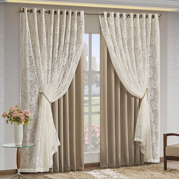 Cortina Monalisa 3,00m x 2,50m Varão Simples Tecido Blackout Com Renda Floral - Chocolate