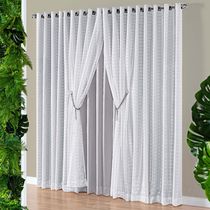Cortina Realce 2,00m x 1,70m Tecido Semi Blackout Com Voil Xadrez Varão Simples - Cinza