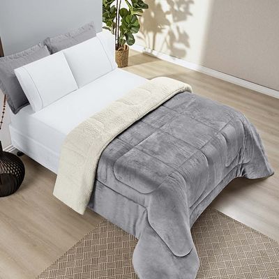 Coberdrom Diamond Casal Queen Sherpa Com Manta Flannel 01 Peça - Cinza
