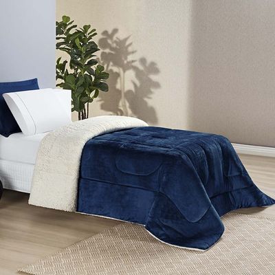 Coberdrom Diamond Solteiro Sherpa Com Manta Flannel 01 Peça - Azul Marinho