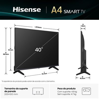 Smart TV 40 Hisense 40A4NV Full HD DLED DTS VirtualX Vidaa U9 Preto