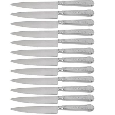 Jogo 12 Facas Mesa Churrasco 24cm Prateada Aço Inox Serrilhada Carne