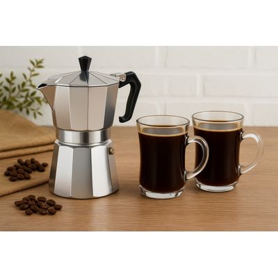 CAFETEIRA ITALIANA + 2 CANECAS DE VIDRO 150ML