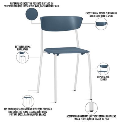 Kit 06 Cadeiras Empilhável Fixa Atom F02 Base Aço Branco Azul - Lyam Decor