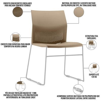 Kit 04 Cadeiras Empilhável Fixa Link F02 Base Aço Cinza Nude - Lyam Decor