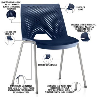 Cadeira Empilhável Fixa Liked F02 Base Aço Cinza Azul - Lyam Decor