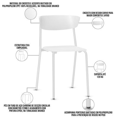 Cadeira Empilhável Fixa Atom F02 Base Aço Branco - Lyam Decor
