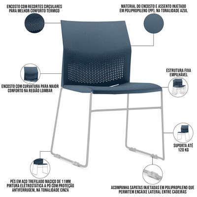 Cadeira Empilhável Fixa Link F02 Base Aço Cinza Azul - Lyam Decor