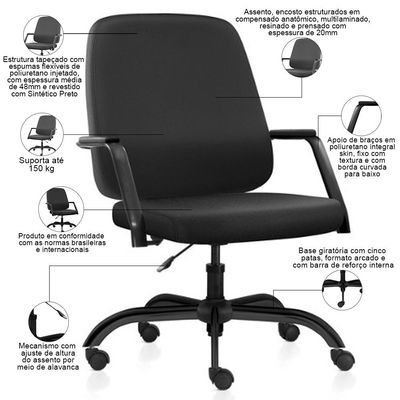 Cadeira Executiva Diretor Base Giratória Hub F02 Sintético Preto - Lyam Decor