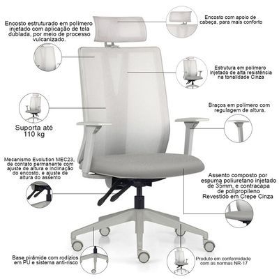 Cadeira Escritório Giratória Presidente Flow F02 Base Cinza Crepe Cinza - Lyam Decor