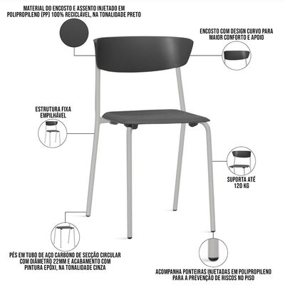 Kit 06 Cadeiras Empilhável Fixa Atom F02 Base Aço Cinza Preto - Lyam Decor