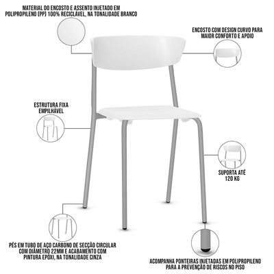 Kit 04 Cadeiras Empilhável Fixa Atom F02 Base Aço Cinza Branco - Lyam Decor