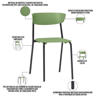 Cadeira Empilhável Fixa Atom F02 Base Aço Preta Verde - Lyam Decor