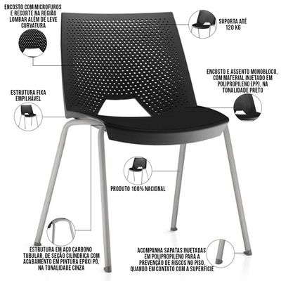 Cadeira Empilhável Fixa Liked F02 Base Aço Cinza Preto - Lyam Decor