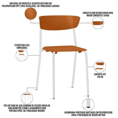 Kit 02 Cadeiras Empilhável Fixa Atom F02 Base Aço Branco Laranja - Lyam Decor