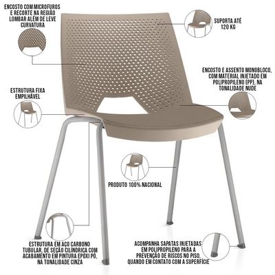 Kit 04 Cadeiras Empilhável Fixa Liked F02 Base Aço Cinza Nude - Lyam Decor