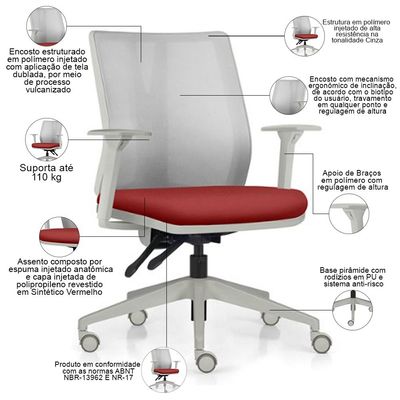 Kit 2 Cadeiras de Escritório Giratória Diretor Flow F02 Base Cinza Sintético Vermelho - Lyam Decor