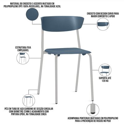Kit 04 Cadeiras Empilhável Fixa Atom F02 Base Aço Cinza Azul - Lyam Decor