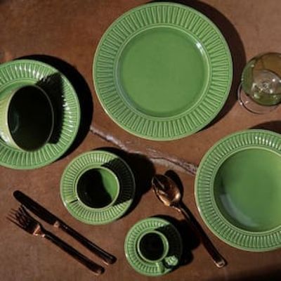 Conjunto com 6 Pratos Fundos Porto Brasil Daisy em Cerâmica Feldspática 22 cm  Verde Salvia