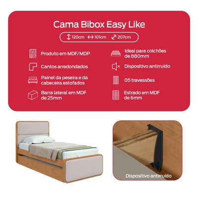 Cama Solteiro Easy Like com Cama Auxiliar Tec Corano Bege/Amêndoa Clean