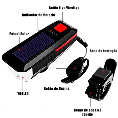 Lanterna e Buzina Solar para Bicicleta – Segurança e Visibilidade Dia e Noite Recarregável Sinalizador
