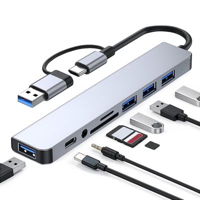 Adaptador 8 em 1 - Tipo C / P2 / USB-A 3.0 / TF / SD - Verde