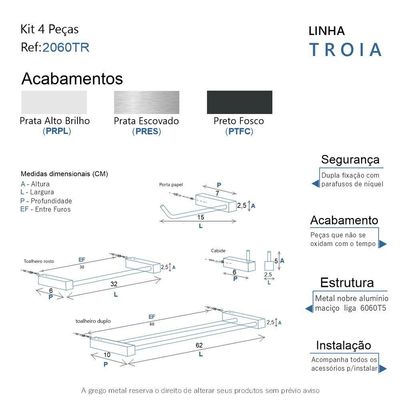 Kit Acessórios Para Banheiro Alto Brilho 4 Peças Grego Metal 2060tr
