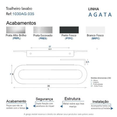 Porta Toalha Toalheiro Para Banheiro Alto Brilho Agata 35cm