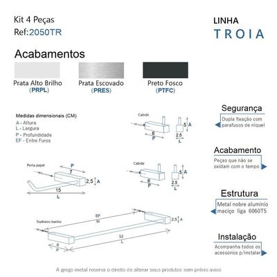 Kit De Acessórios Para Banheiro Preto Fosco 4 Peças Grego Metal 2050tr