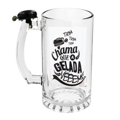 Kit Caneca Chopp Campainha Chama Sino Vidro Premium Copo Cerveja 450ml Para Momentos De Diversao