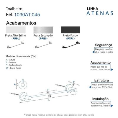 Porta Toalha Toalheiro Para Banheiro Preto Fosco Atenas 45cm