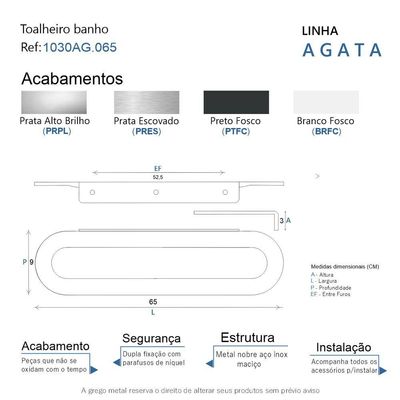 Porta Toalha Toalheiro Para Banheiro Preto Fosco Agata 65cm