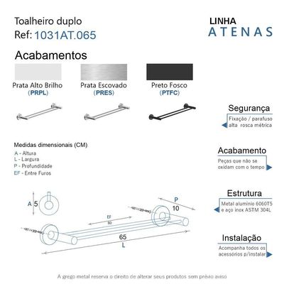 Porta Toalha Toalheiro Duplo Para Banheiro Escovado Atenas 65cm