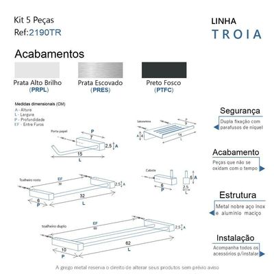 Kit Acessórios Para Banheiro Preto Fosco 5 Peças Grego Metal 2190tr