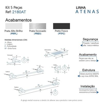 Kit De Acessórios Para Banheiro Alto Brilho 5 Peças Grego Metal 2180at