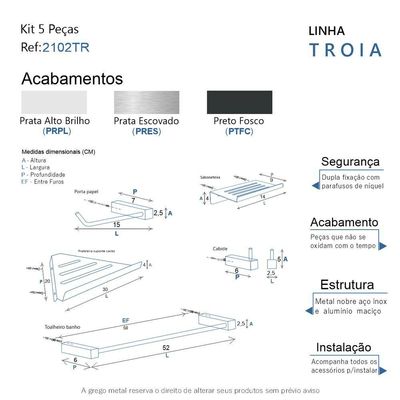 Kit Acessórios Para Banheiro Escovado 5 Peças Grego Metal 2102tr